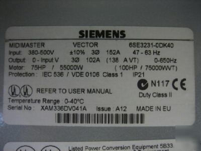 Siemens midimaster vector 6SE3231-0DK40 75HP 75 hp