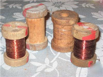 4 vintage wood spools 2 w copper wire primitive 7G