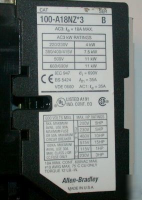 (5)very nice allen bradley contactors model# 100-A18NZ3
