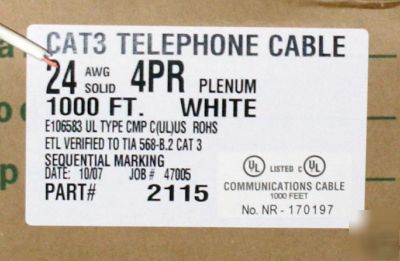 Category 3 plenum 4PAIR cable cmp comtran 1000FT white