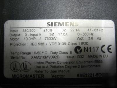 Siemens midimaster vector 6SE3221-5DC40 10HP 10 hp