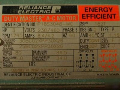 Reliance energy efficent ac motor P18S30489-mc 3HP