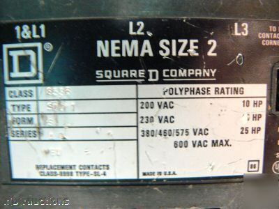 Square d nema 2 class 8536 25 hp max motor starter