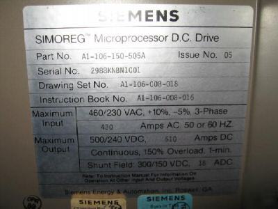 Siemens simoreg microprocessor dc drive A1-106-150-505A