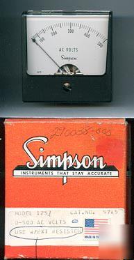 Simpson model 1257 square indicator 0-500 ac volts nos