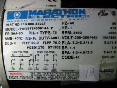 Marathon motor 1 hp, 3 ph, 208-230/460 volt, 3450 rpm