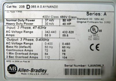 New allen bradley powerflex 700 20BD065A0AYNAND0 50 hp