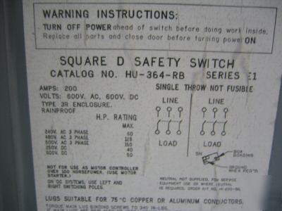 Square d 200 amp hu-364-rb safety switch outdoor used