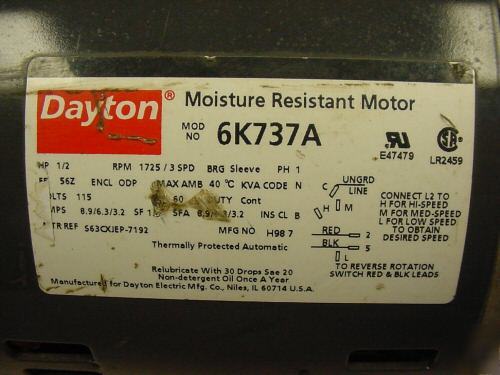 Dayton 1/2 hp moisture resistant motor # 6K737A